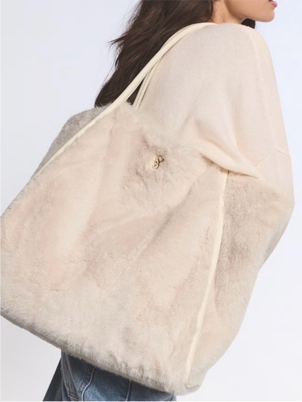 NWOT Victoria's Secret Fluffy Fur Cream Ivory Gold Shoulder Tote Bag Carryall